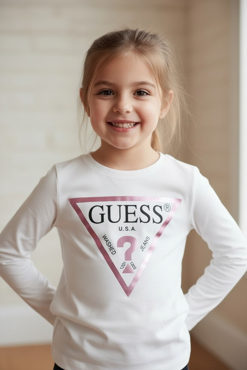 T-shirt GUESS bianca con logo Rosa dalla taglia 2 anni alla 7 anni
