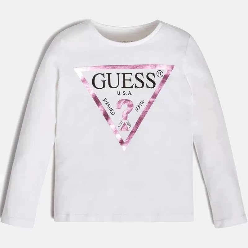 T-shirt GUESS bianca con logo Rosa dalla taglia 2 anni alla 7 anni
