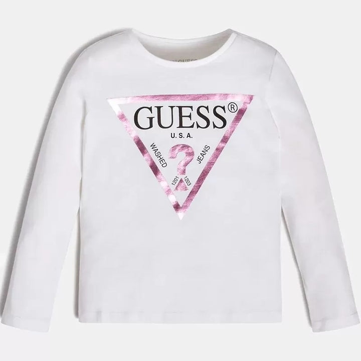 T-shirt GUESS bianca con logo Rosa dalla taglia 2 anni alla 7 anni