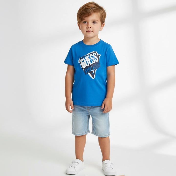 T-shirt GUESS bluette con logo istituzionale 3 mesi - 7 anni