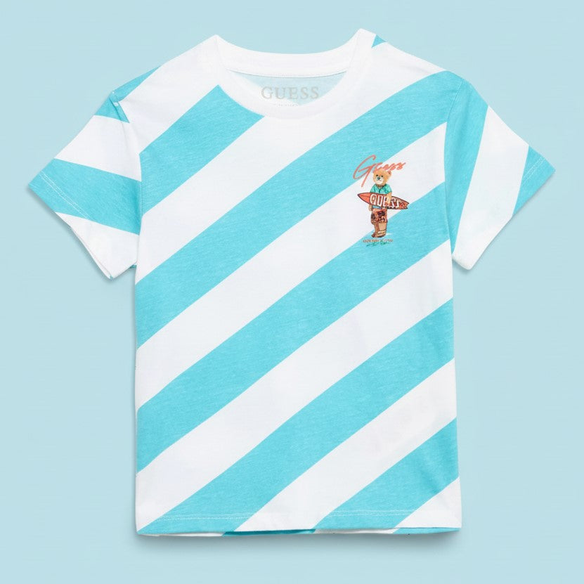 GUESS light blue white patterned t-shirt with iconic teddy bear 3/6 months - 7 years