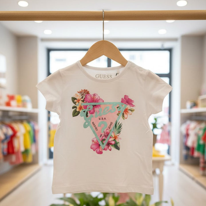 T-shirt GUESS bianca con stampa glitter e fiori 3/6 mesi - 7 anni