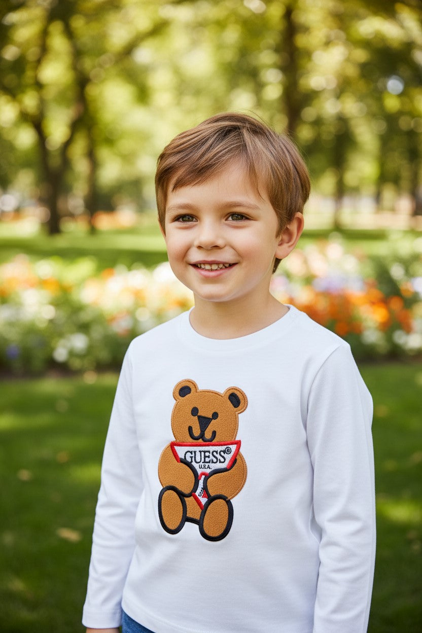 T-shirt GUESS bianca teddy con logo dalla taglia 2 anni alla 7 anni
