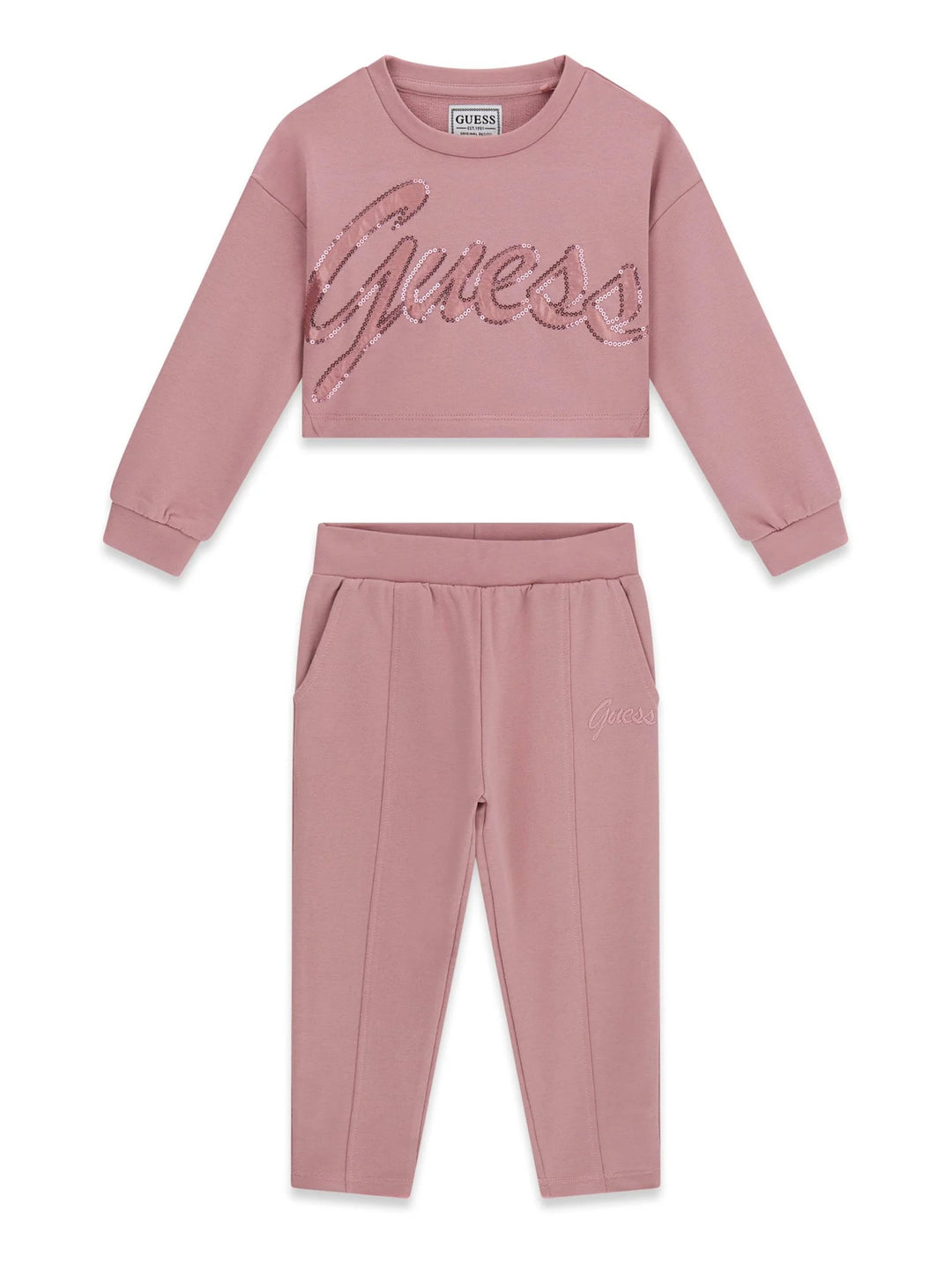 Macacão GUESS com maxi logo e lantejoulas em Nude Pink