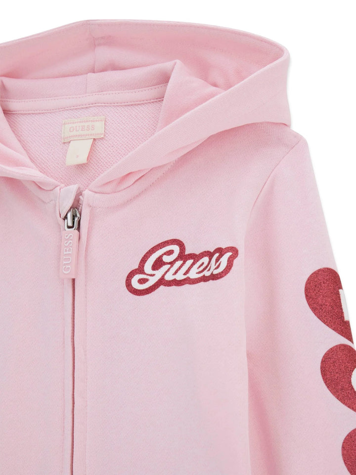 Tuta GUESS in cotone garzato cotone rosa felpa con zip e pantalone dalla 2 anni alla 8 anni