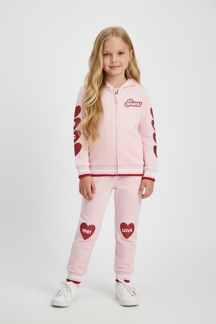 Tuta GUESS in cotone garzato cotone rosa felpa con zip e pantalone dalla 2 anni alla 8 anni