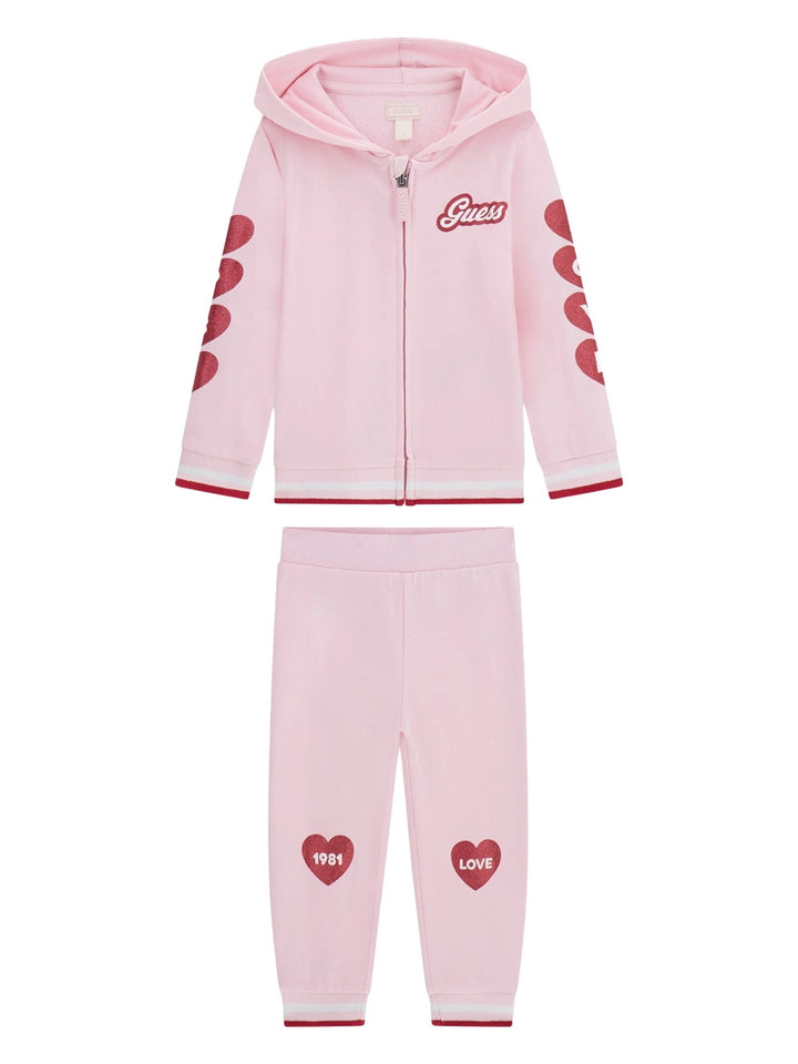 Tuta GUESS in cotone garzato cotone rosa felpa con zip e pantalone dalla 2 anni alla 8 anni