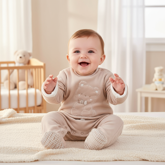 Tutina CHICCO beige con orsetto - inquadratura ravvicinata