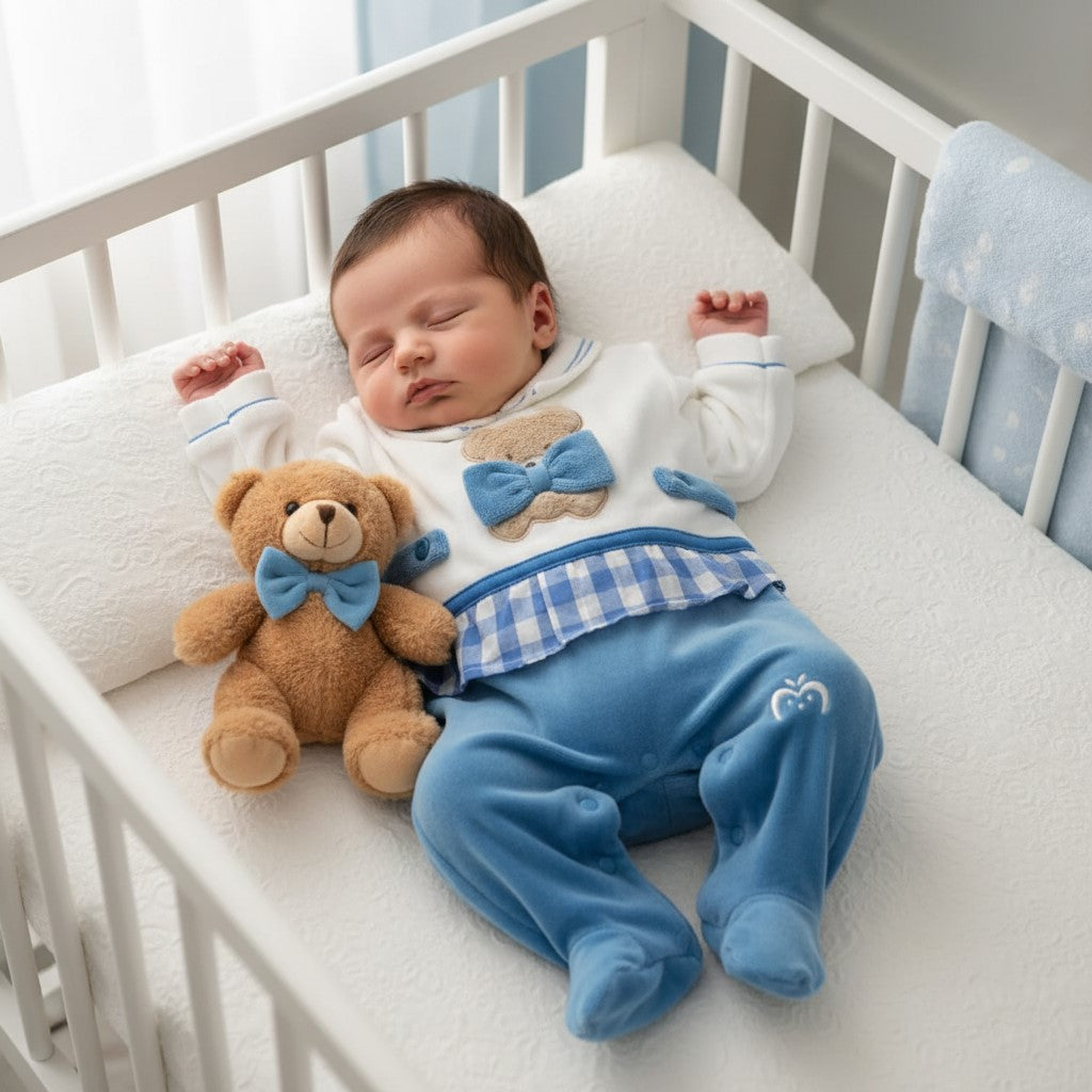 Tutina Melanie in ciniglia con papillon azzurra
